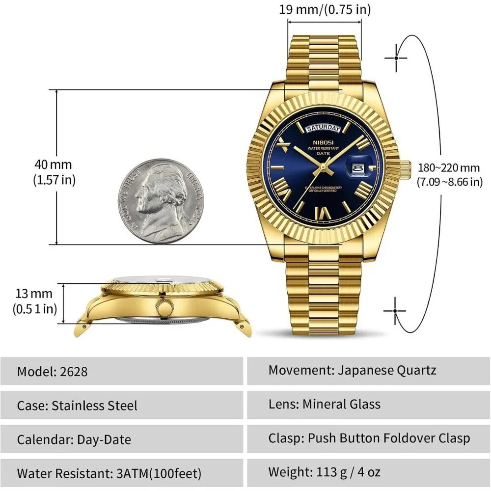Men's Gold Blue Stainless Steel Analog Classic Design Stylish Wrist Dress Watch